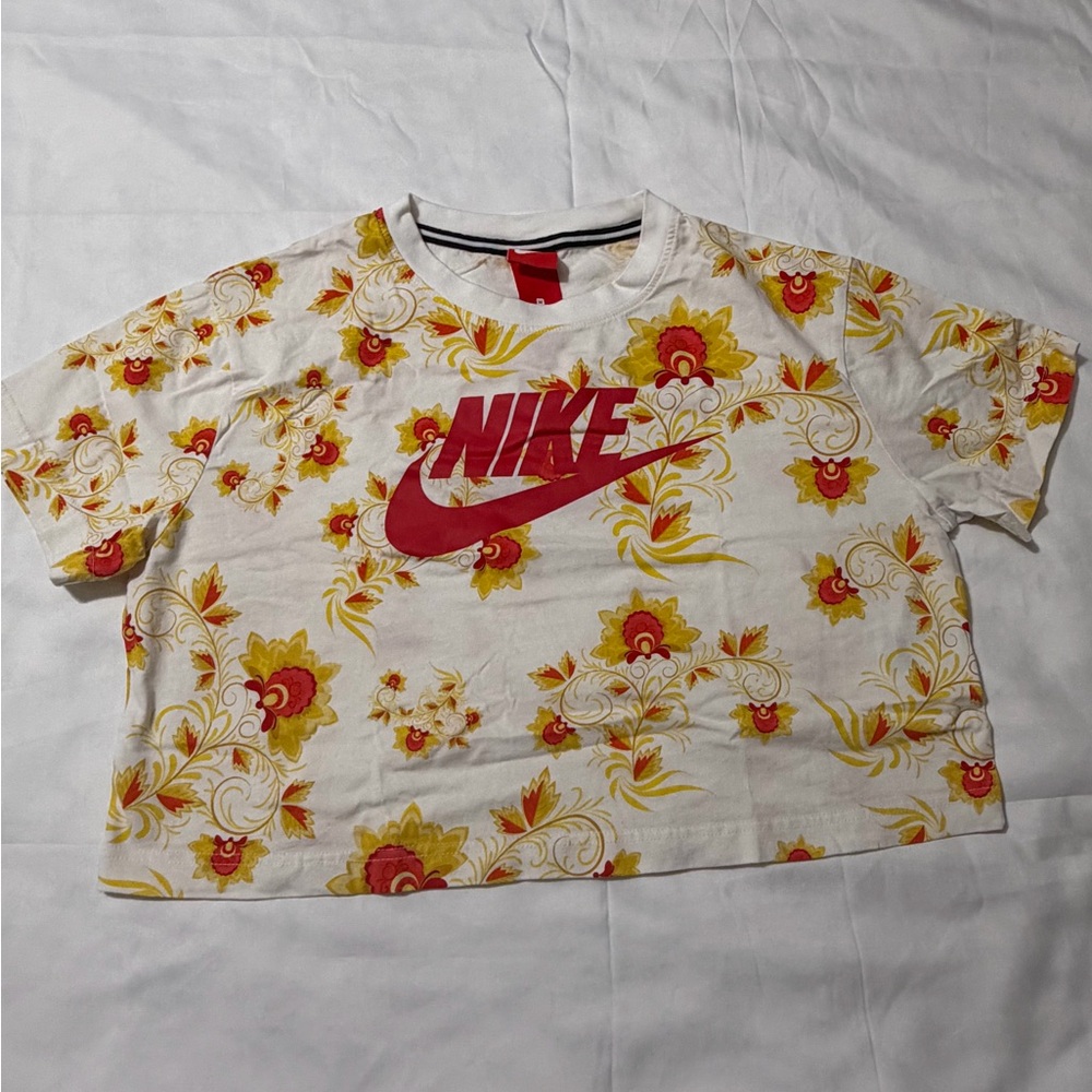 Nike White and Yellow Floral Tee